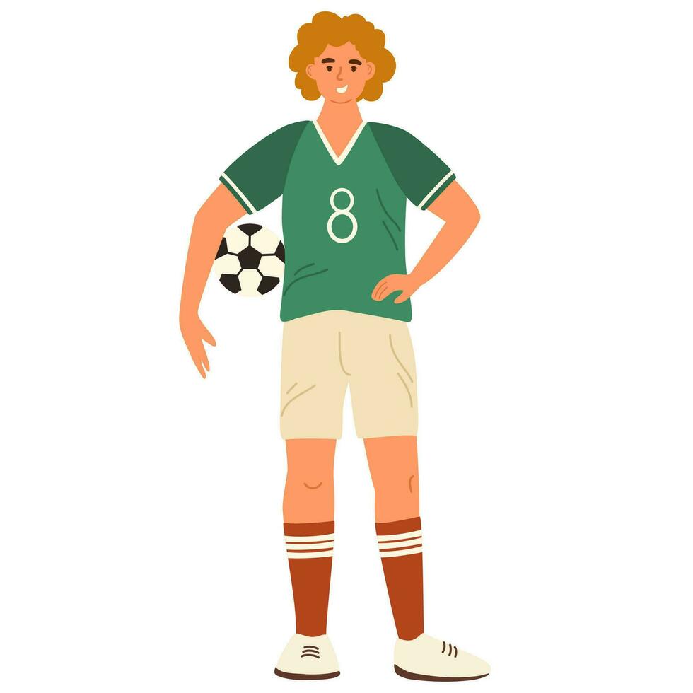 Woman football player. Young woman in sports uniform with ball. Female Athlete soccer player. Vector Illustration isolated on the white background.