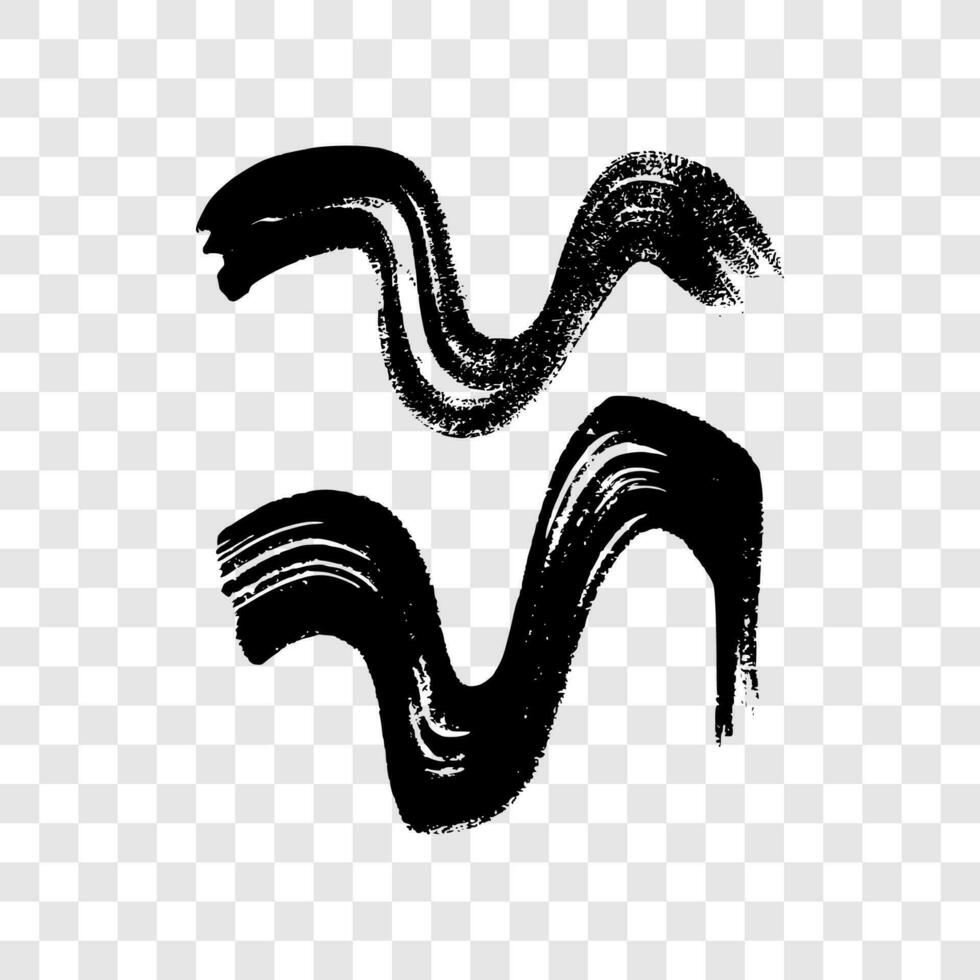 Black wavy grunge brush strokes. Two painted ink stripes. Ink spot isolated on background. Vector illustration