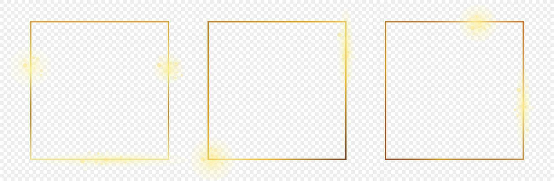 Set of three gold glowing square frames isolated on background. Shiny frame with glowing effects. Vector illustration.