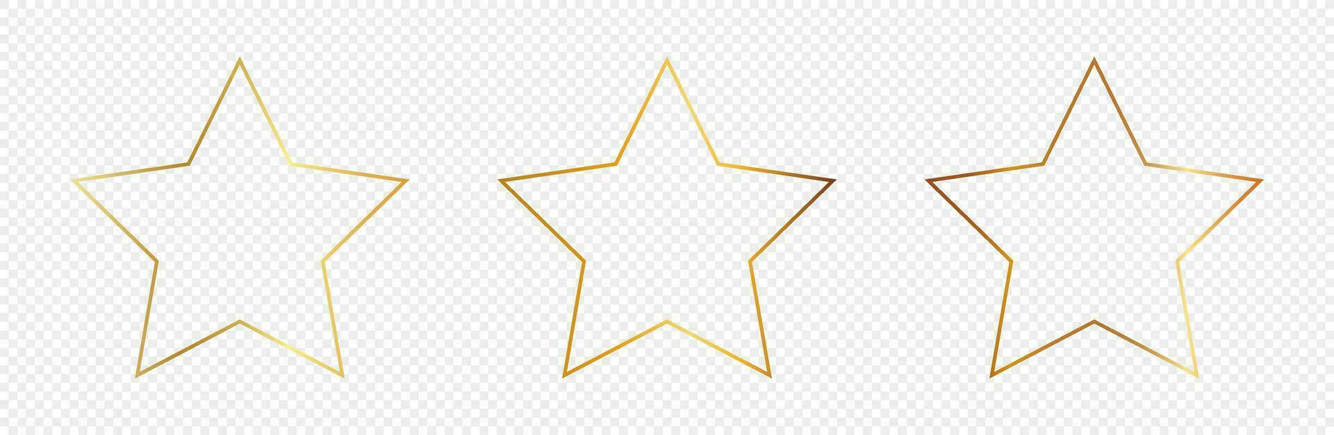 Set of three gold glowing star shape frames isolated on background. Shiny frame with glowing effects. Vector illustration.