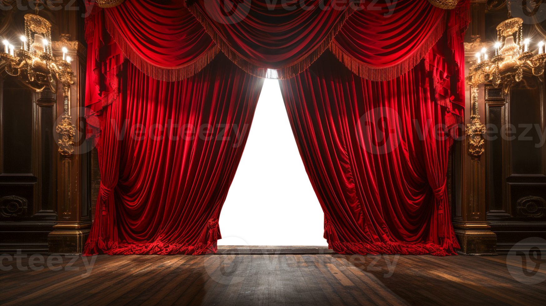 dramáticamente iluminado lustroso rojo terciopelo teatro cortinas y de madera etapa piso. generativo ai. transparente png. png