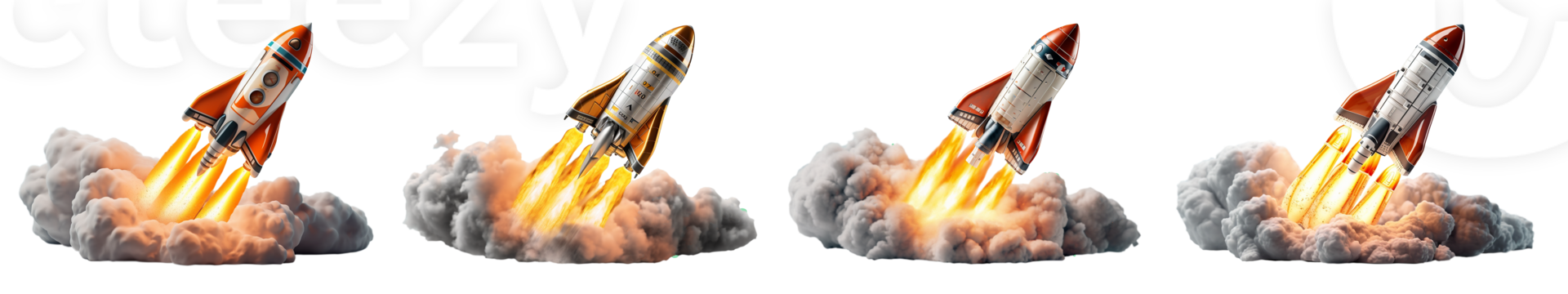 Set of Rocket Ships Launching Into Space Isolated on Transparent Background. Generative AI. Transparent PNG. png