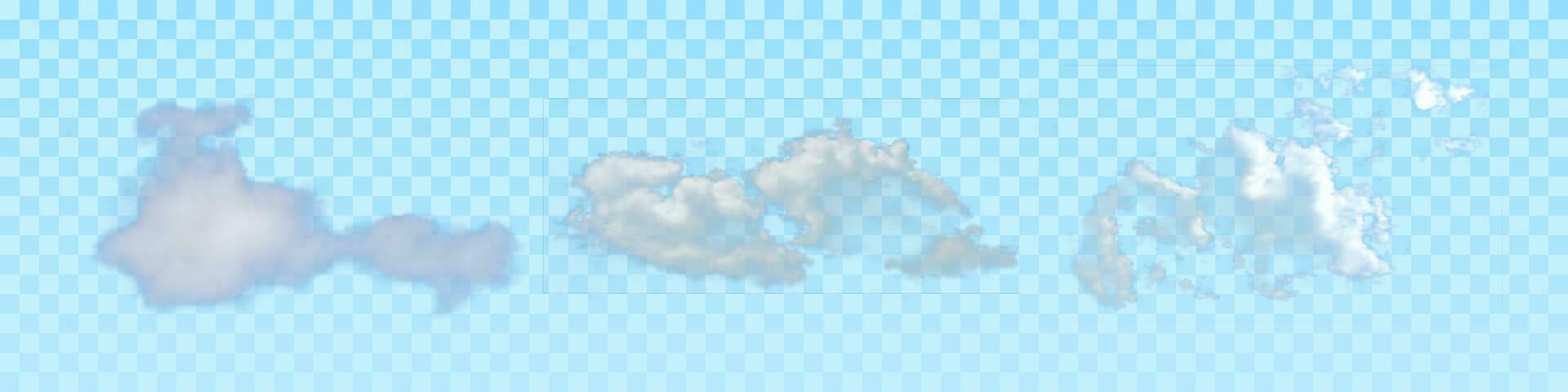 Isolated realistic clouds on blue background. Set of three natural elements for template decoration and mockup. Vector illustration