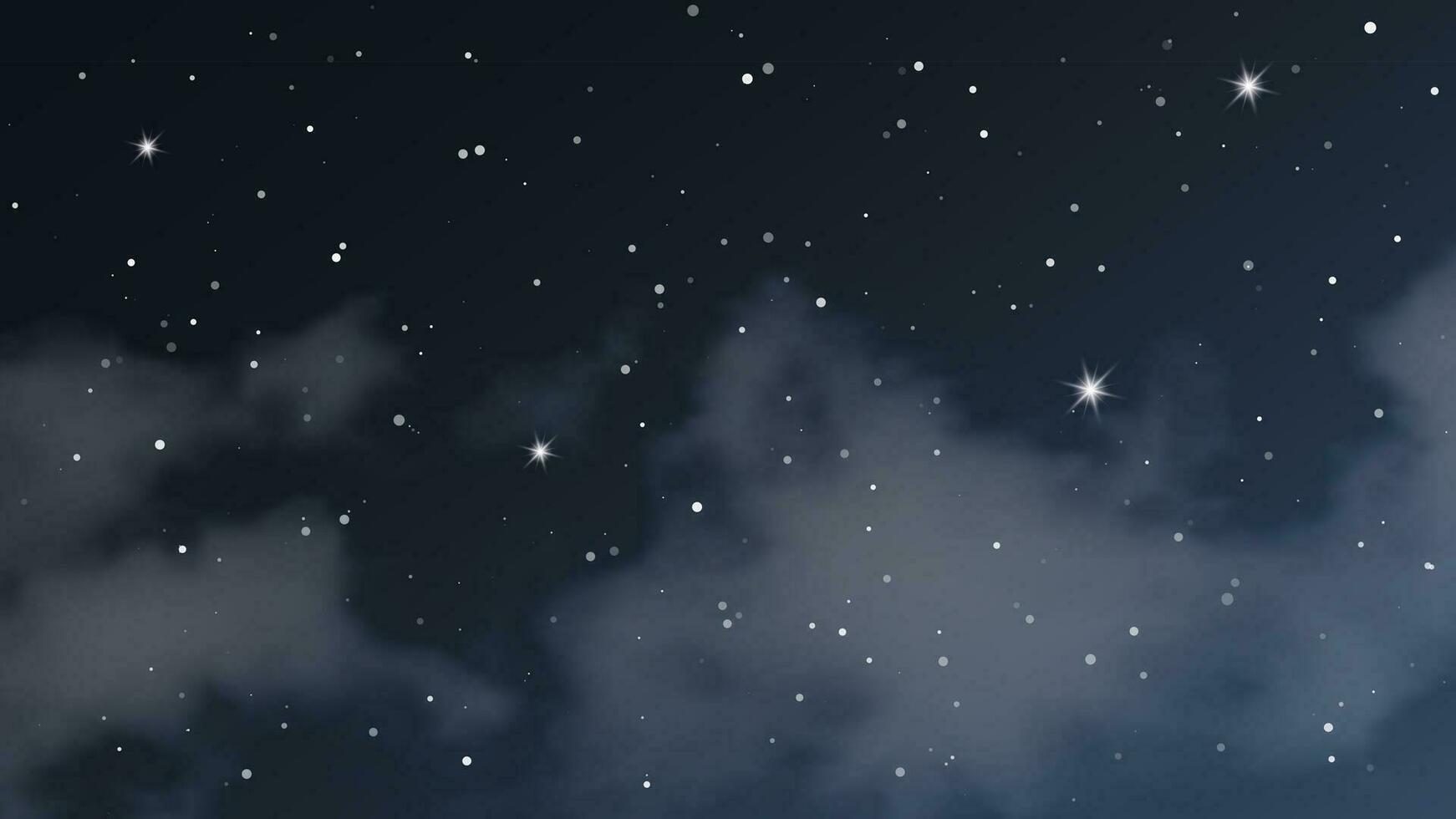 Night sky with clouds and many stars. Abstract nature background with stardust in deep universe. Vector illustration.