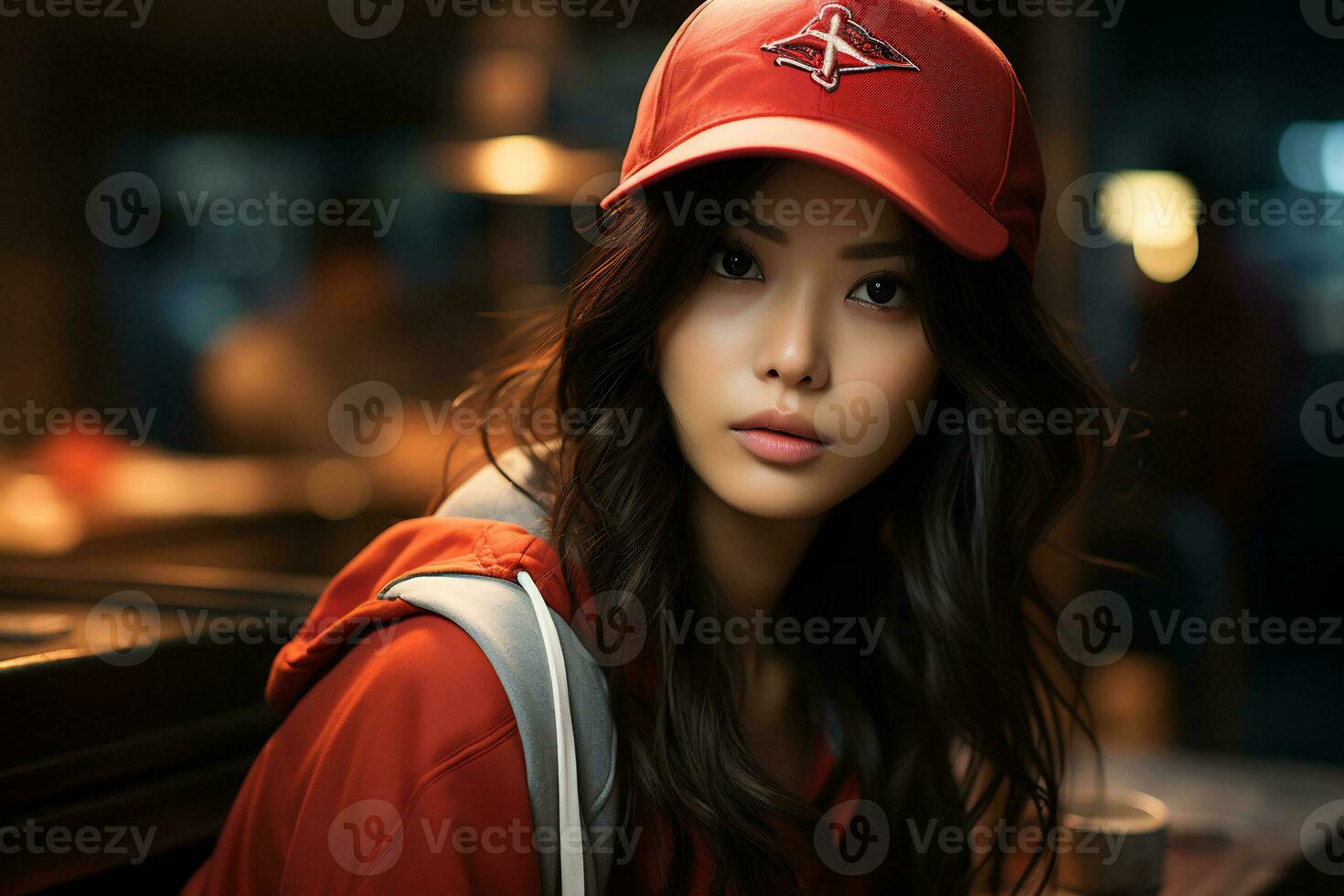 un hermosa asiático béisbol niña figura en casual atuendo ai generativo foto