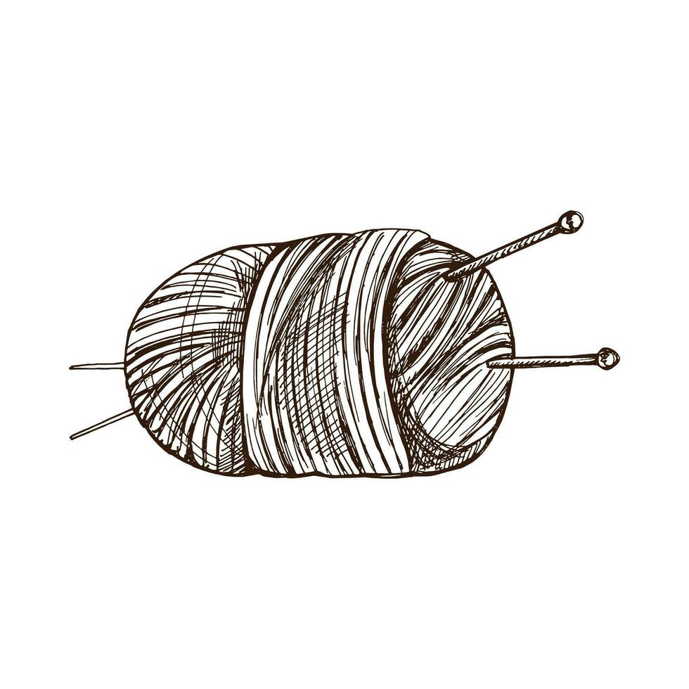 Hand drawn sketch of ball of threads, wool, knitting needles. Handmade, knitting equipment concept in vintage doodle style. Engraving style. vector