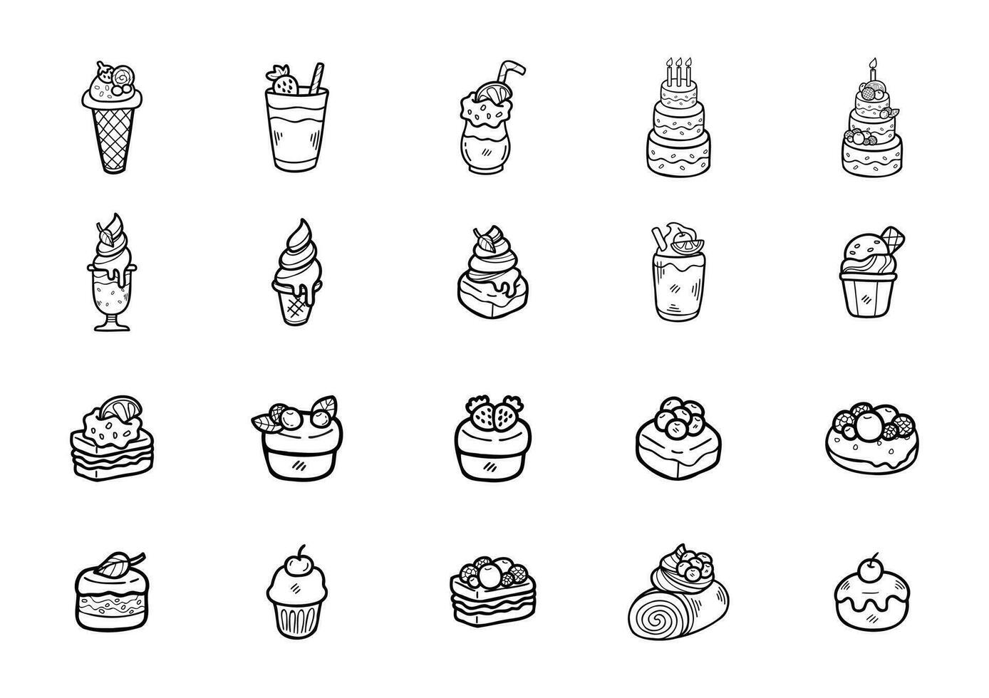 cute handraw doodle desserts bakery set black and white colour vector