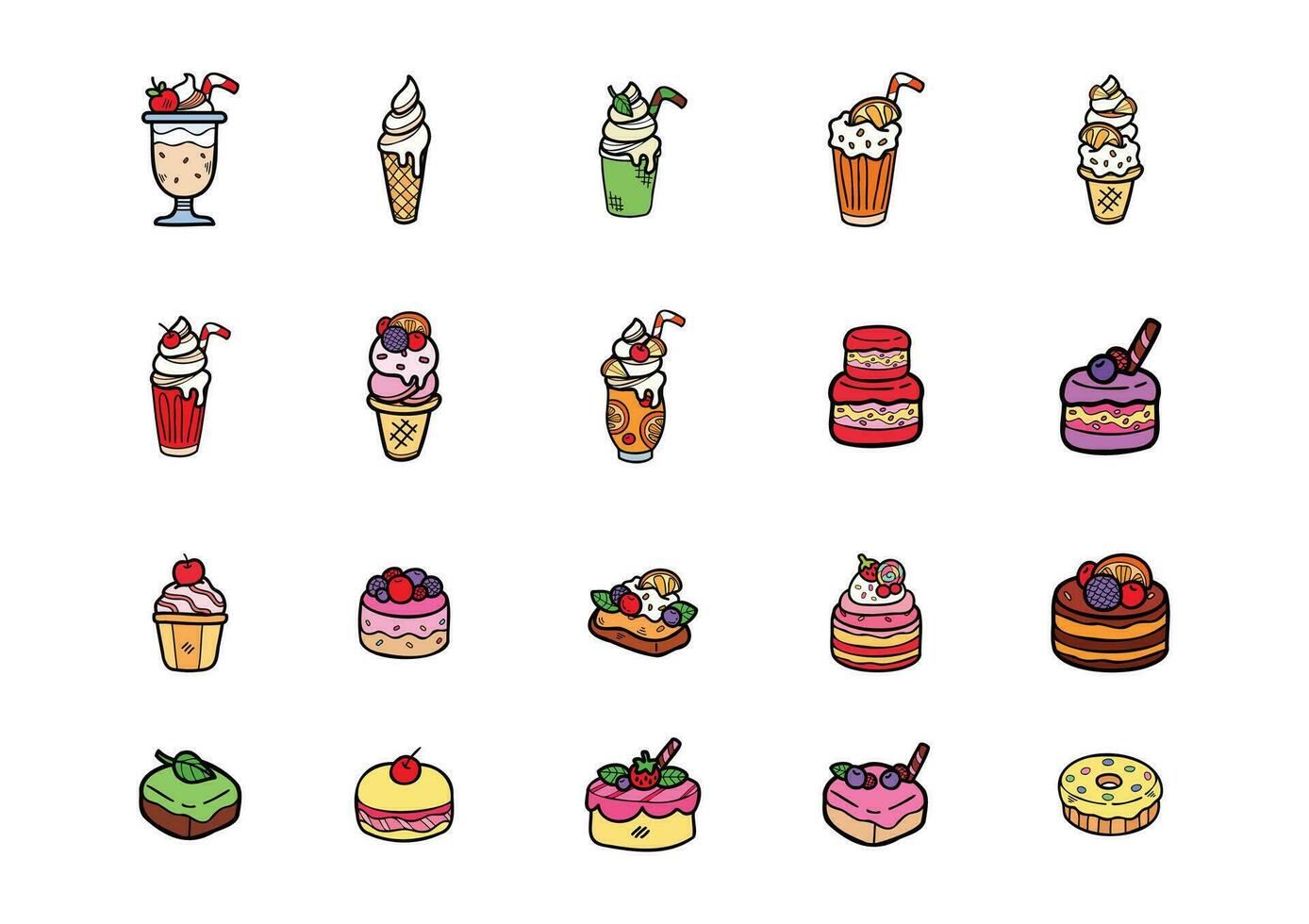 cute handraw desserts bakery set vector