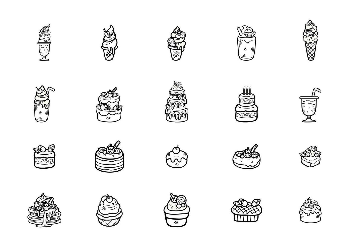 doodle desserts bakery set black and white colour vector
