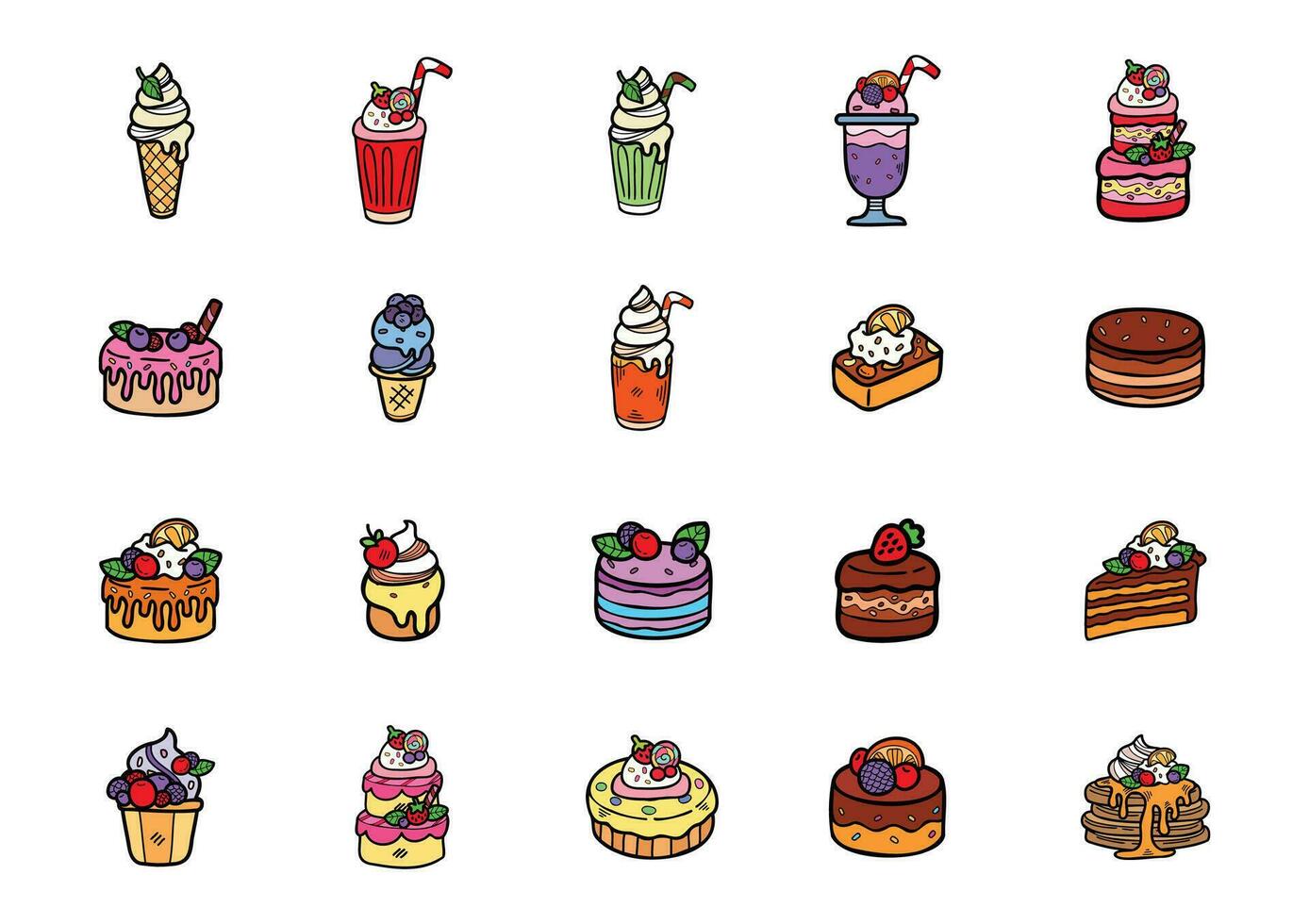 cute handraw desserts and bakery set vector