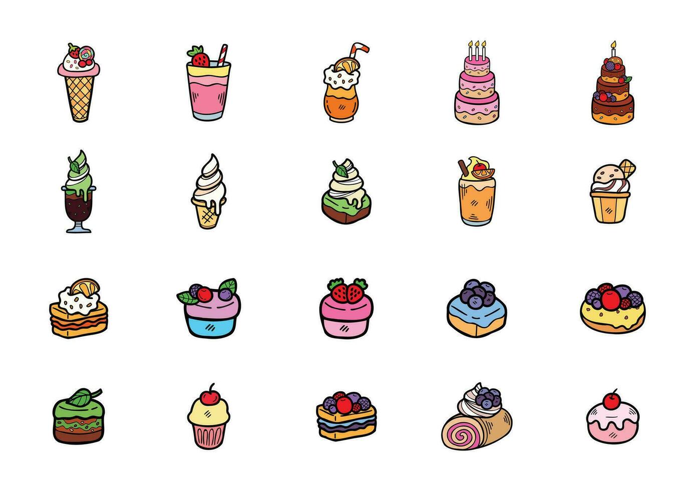 cute handraw desserts bakery cute set vector