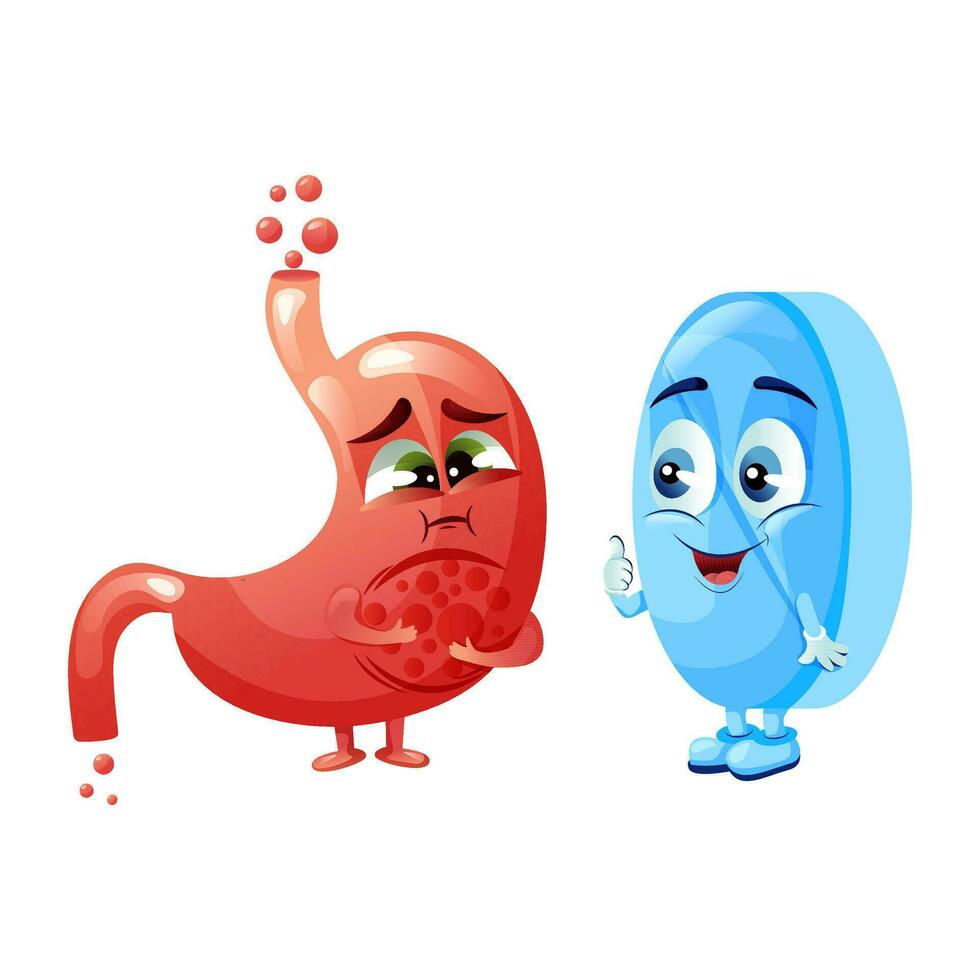 Bloated stomach with belching and medicine capsule characters vector