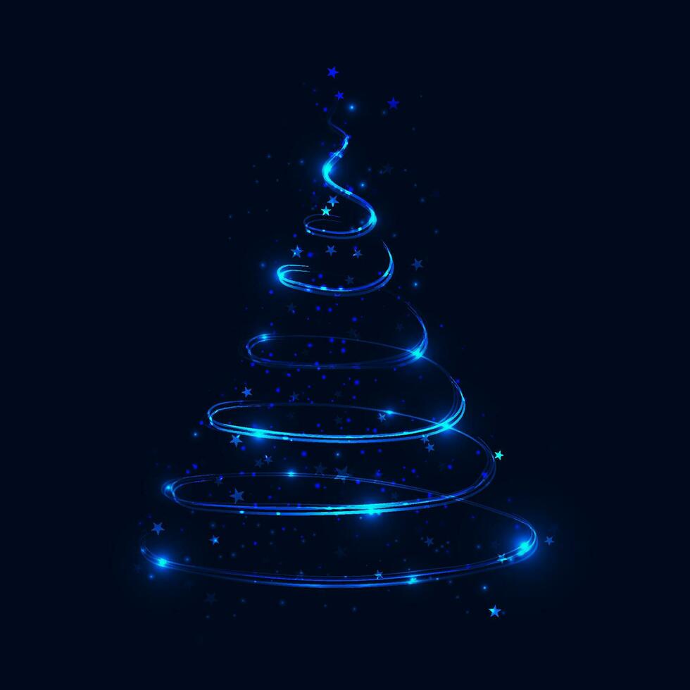 Shine spiral blue Christmas tree with stars, snowflakes and glittering particles. Abstract shiny glowing sparkling wavy lines. Vector illustration.