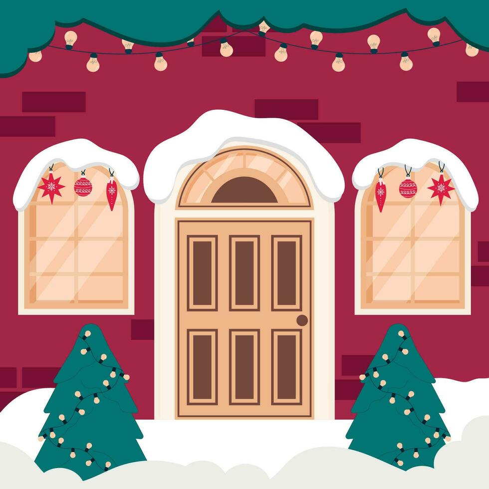 Vector illustration of the facade of a house decorated for Christmas and New Year