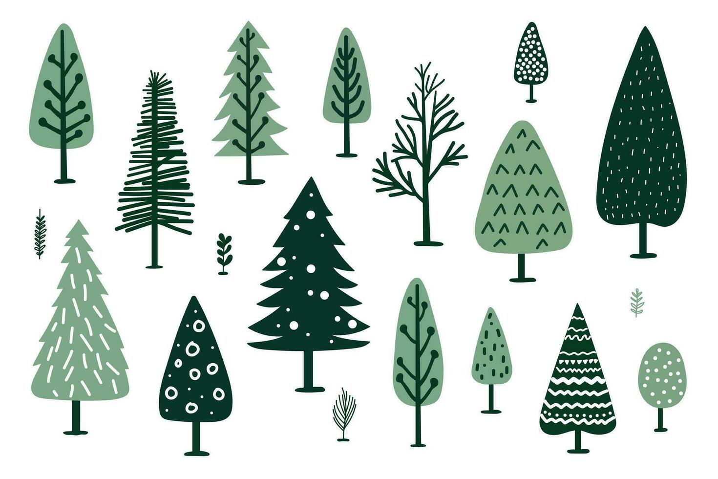 Hand drawn Christmas tree icons. Doodles and sketches. Cute green trees. vector