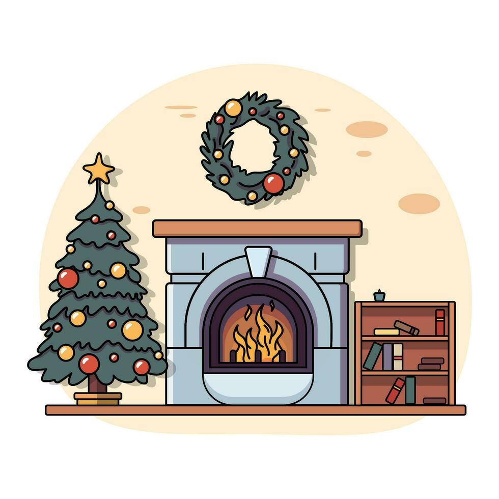 Cozy Christmas interior. Christmas tree and a fireplace stand by the brick wall in the corner. New Years decorations such as garlands, candles, Christmas toys. vector