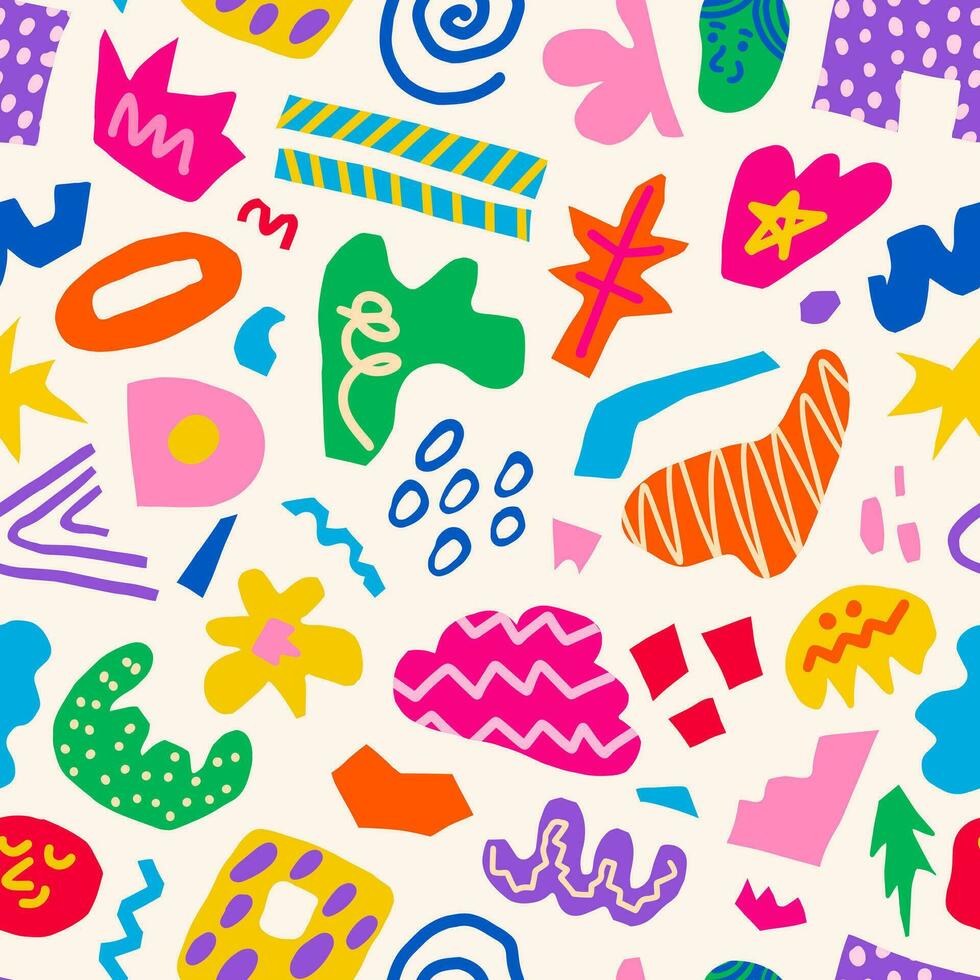 Abstract seamless pattern of colorful hand drawn various shapes, curls, forms and doodle objects. Modern trendy vector background