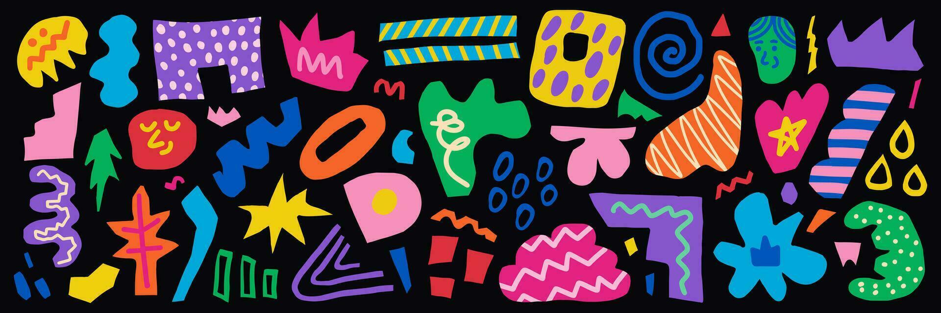 Abstract big set of colorful hand drawn various shapes, curls, forms and doodle objects. Modern trendy vector illustration