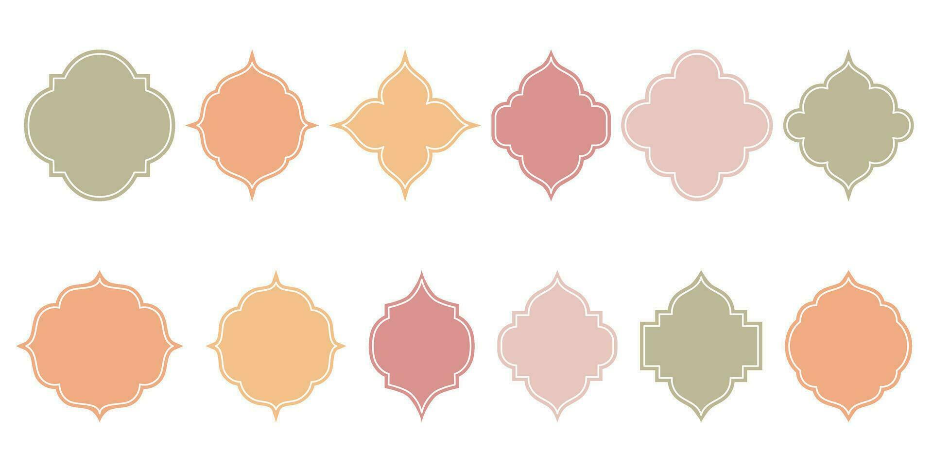 Islamic window flat color and line shape collection. Pastel neutral, boho colors. Arabic, muslim architecture frame. Traditional, oriental design vector