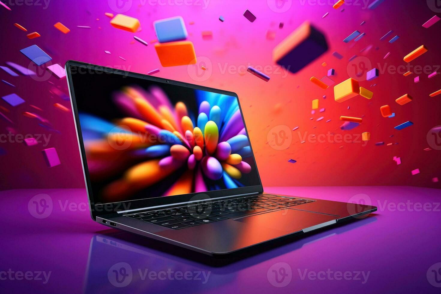 Mockup of beautiful laptop with multicolor background, Generative AI illustration photo