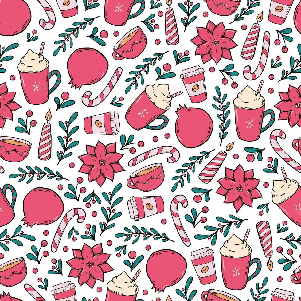 Christmas gift wrapping paper, textile print, wallpaper, background, scrapbooking paper design with doodles of coffee, candy cane, mistletoe branches and berries. EPS 10 vector