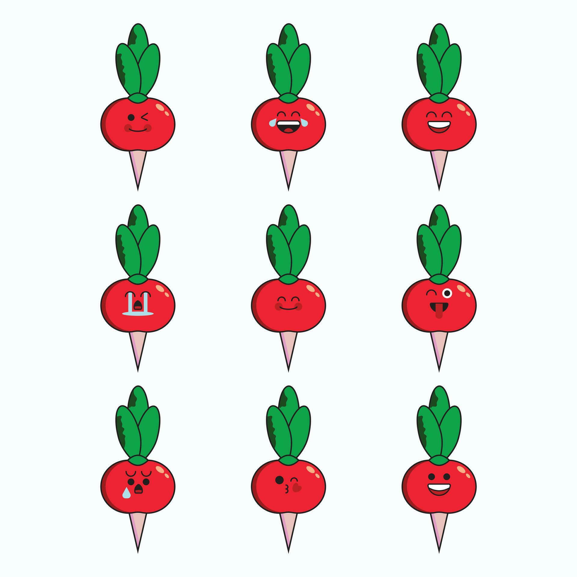Vector set of vegetable emoticons. Funny radish emoji with face