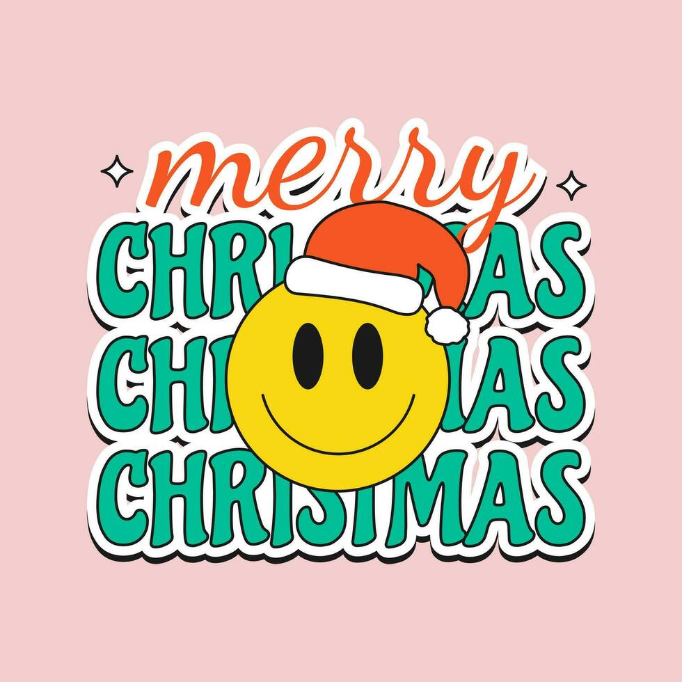 Groovy retro sticker with Merry Christmas phrase and funny cartoon face. Xmas hippie poster, print. Vector illustration.