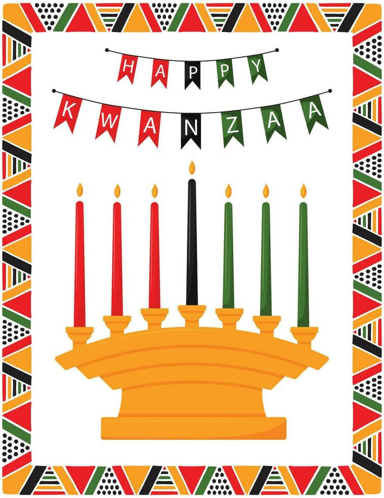 Greeting card with traditional candle holder - Kinara and flags with words Happy Kwanzaa. Frame with African triangle patterns. Color vector illustration on white background