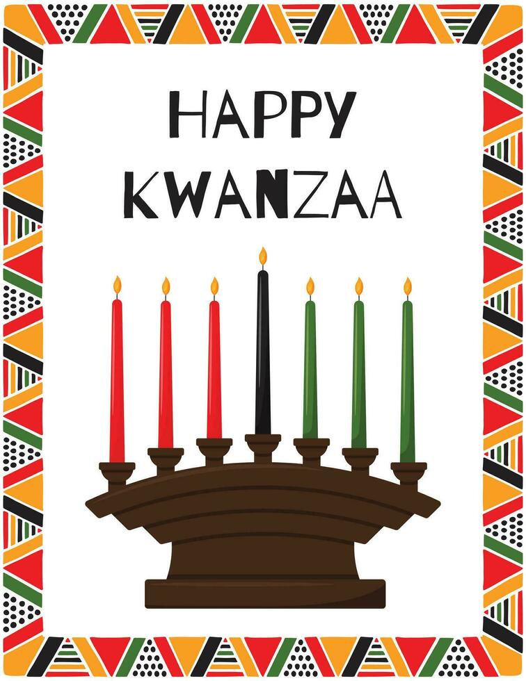 Happy Kwanzaa. Greeting card with traditional candle holder - Kinara with 7 candles, symbolizing principles of Kwanzaa. Frame with African triangle patterns. Color vector illustration on white