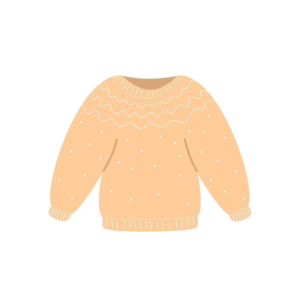Knitted warm clothes. Knitwear garment. Warm light pink pullover in modern style. Flat vector illustration isolated on white background