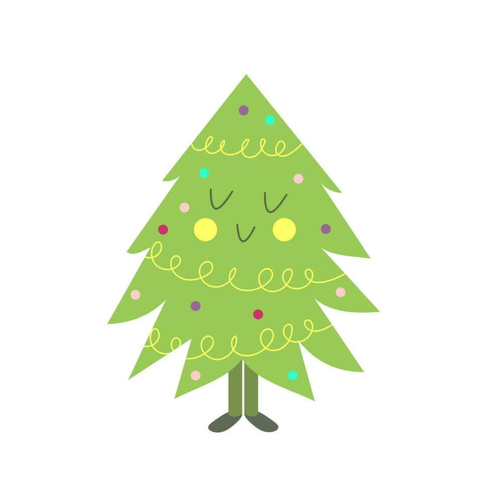 Happy christmas tree stands with smile and closed eyes cartoon flat style vector illustrations.