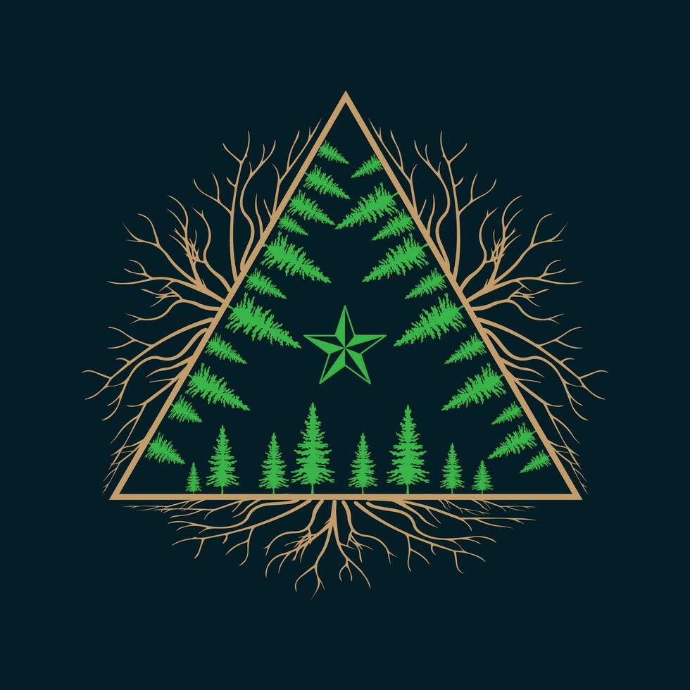 Pine trees with roots in a triangle shape. Pine tree logo or t shirt.  Pine tree Inscribed. Vector drawing. Pine Tree roots frame vector. Vector illustration