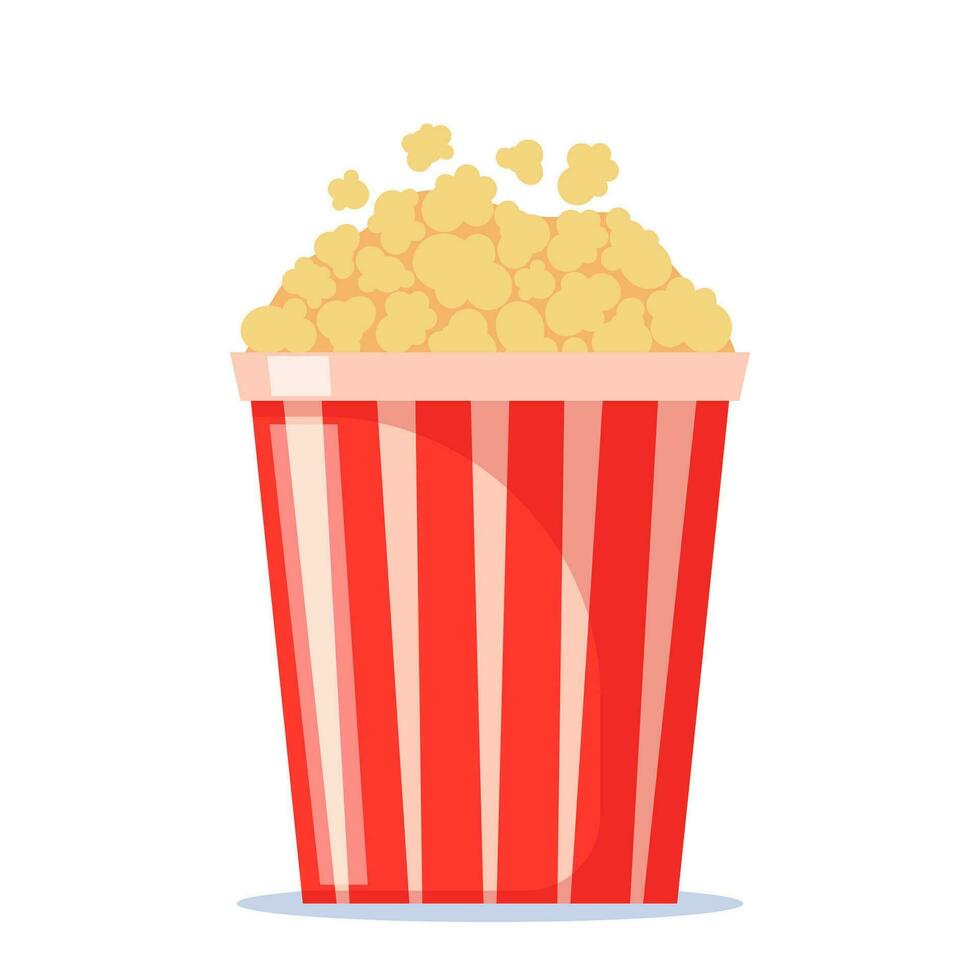 Popcorn flakes and bucket. Popcorn container. White and red cardboard cup with flying out and scatter snack seeds. Isolated striped 3d paper box with fast food for cinema. Vector illustration.