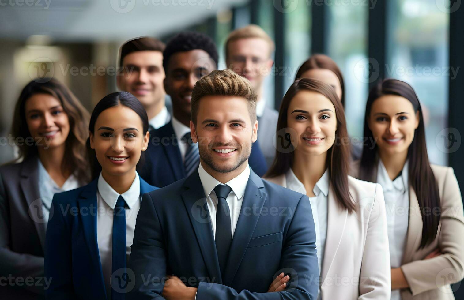 un diverso grupo de negocio personas poses para un profesional equipo foto, exudando confianza y profesionalismo, ai generativo foto