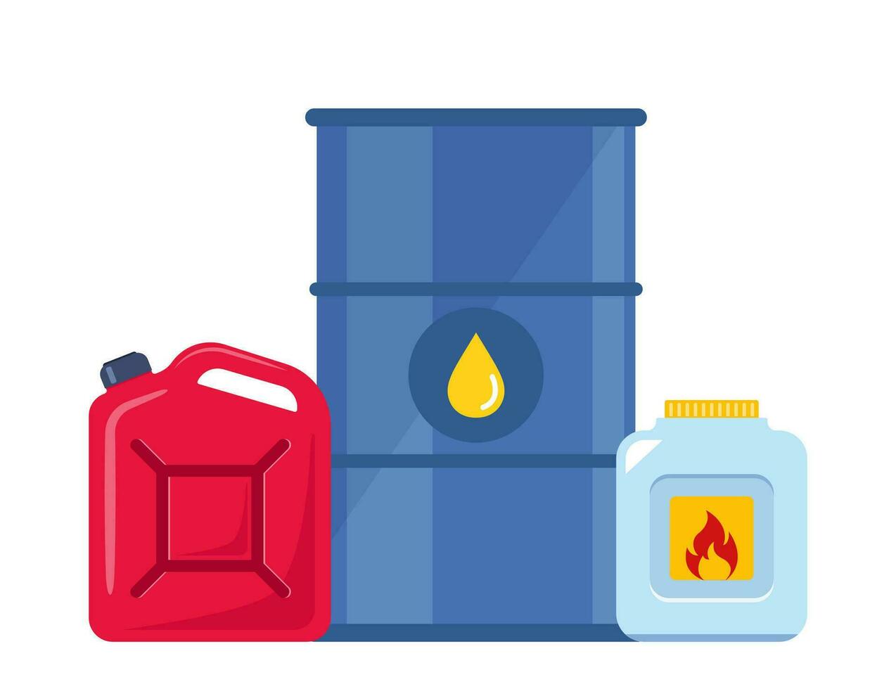 Chemical containers, jerrycan, barrel. Steel storage cask for oil fuel. Gas and petroleum cask. Plastic bottle with flammable liquid. Vector illustration.
