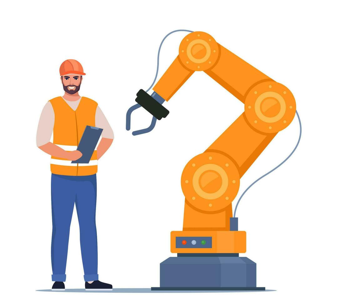 Robotic arm. Industrial tool mechanical robot arm machine hydraulic equipment automotive. Engineer in orange vest and protective helmet controls the process. Vector illustration.
