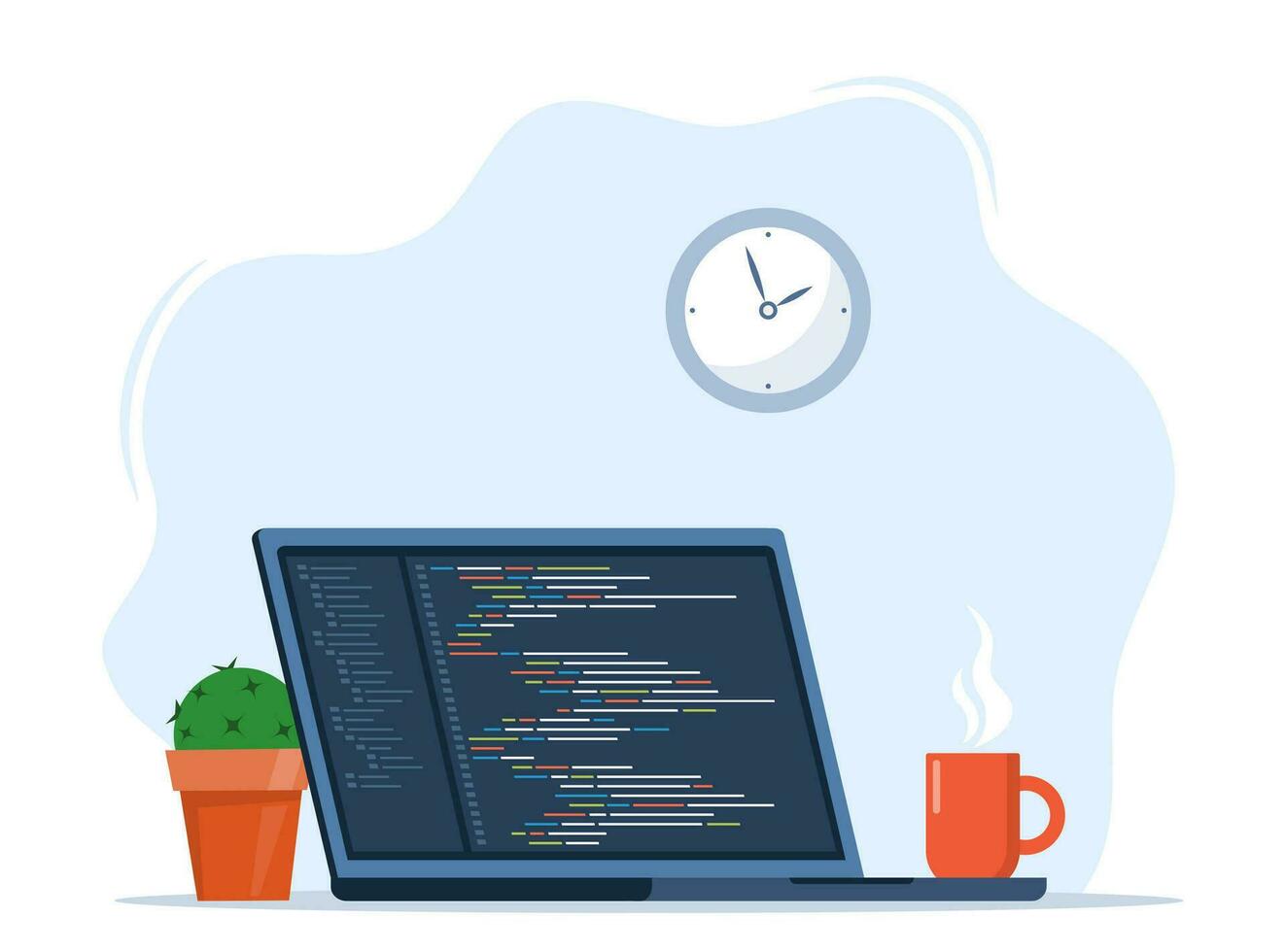 Laptop with cup of coffee and plant in pot. Workplace of coder, online programmer. Coding and programming, developing sites using special language. Vector illustration.