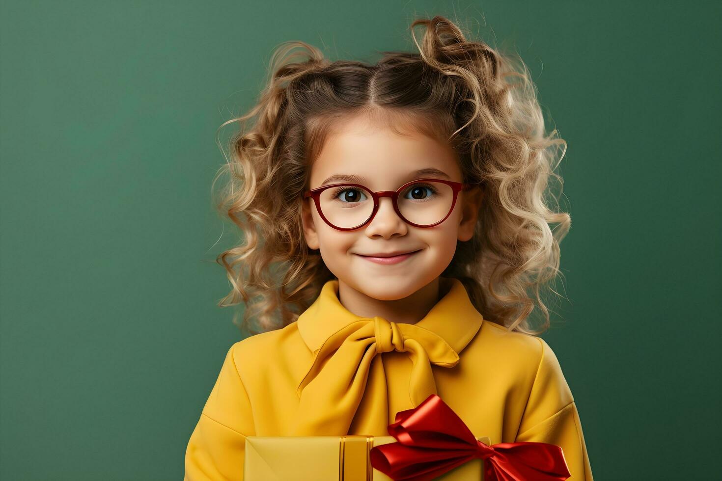 Portrait of smiling cute girl with curly hair holding a gift box with ribbon. generative ai photo