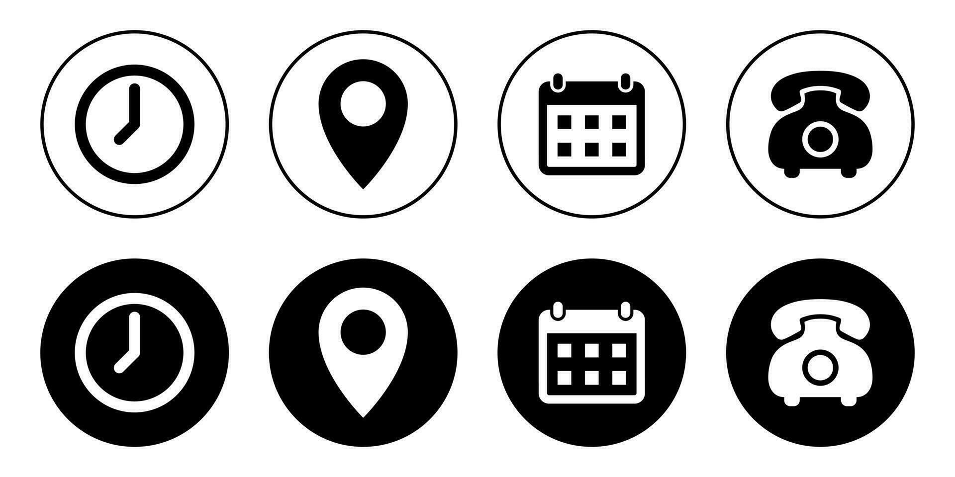 Time, location, date, and call icon vector in black circle. Clock, address, calendar, and telephone sign symbol