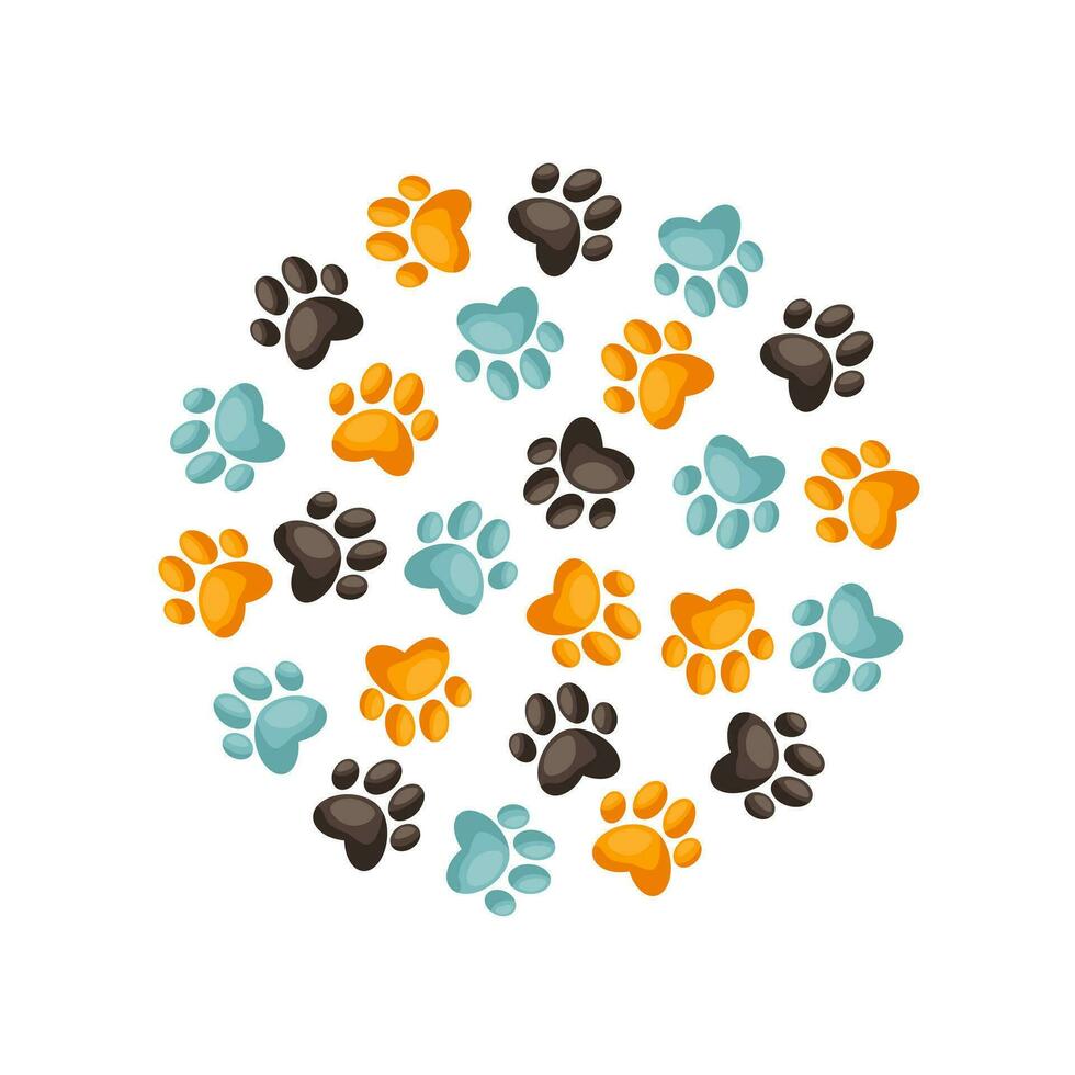 Cute colored frame with cat paw print. Round frame with a dog paw print. Pet trail border. Simple doodle drawing. Vector illustration isolated on white background.