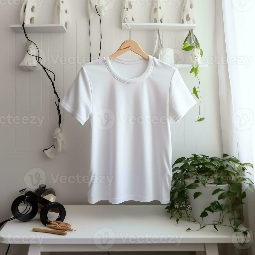 White blank baby t-shirt mockup in interior. Soft beige interior for baby.AI generation photo