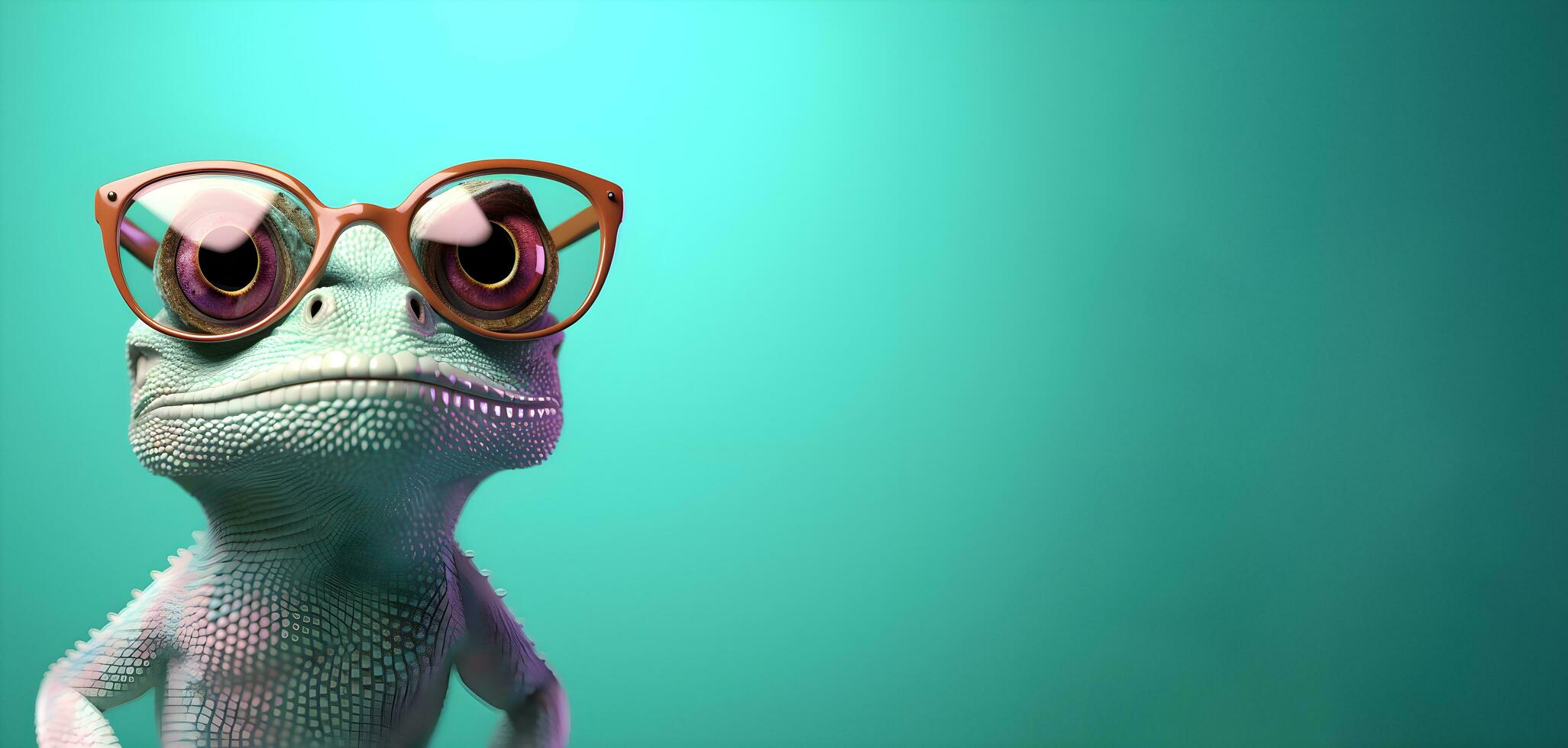 Creative animal concept. a lizard wearing glasses on a green background, digital art, faceted, copy space. Generative AI photo