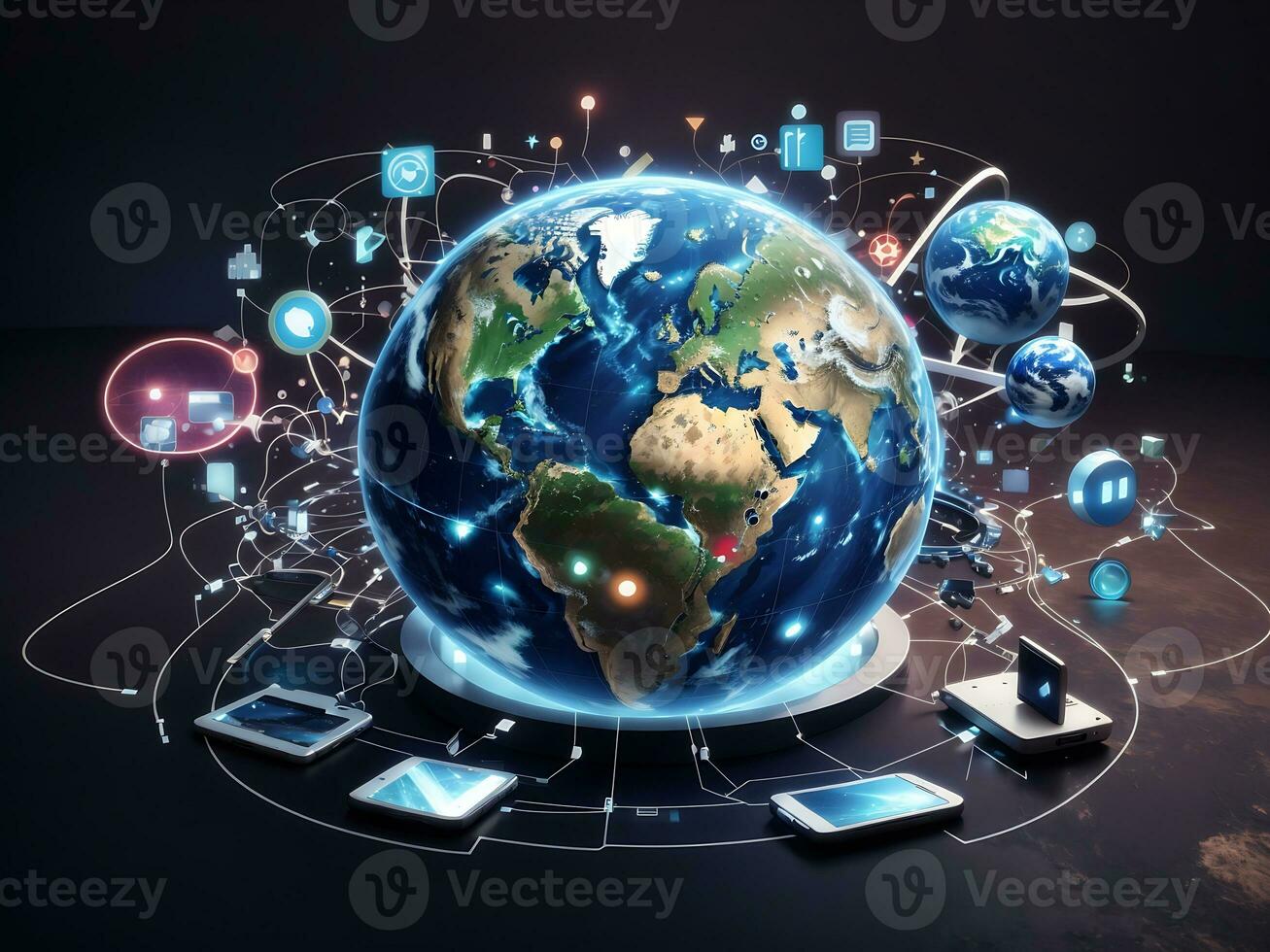 Tech devices and icons connected to digital planet earth, Generate Ai photo