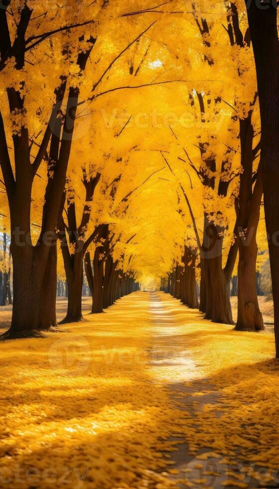 A path full of golden sycamores in autumn AI generated photo