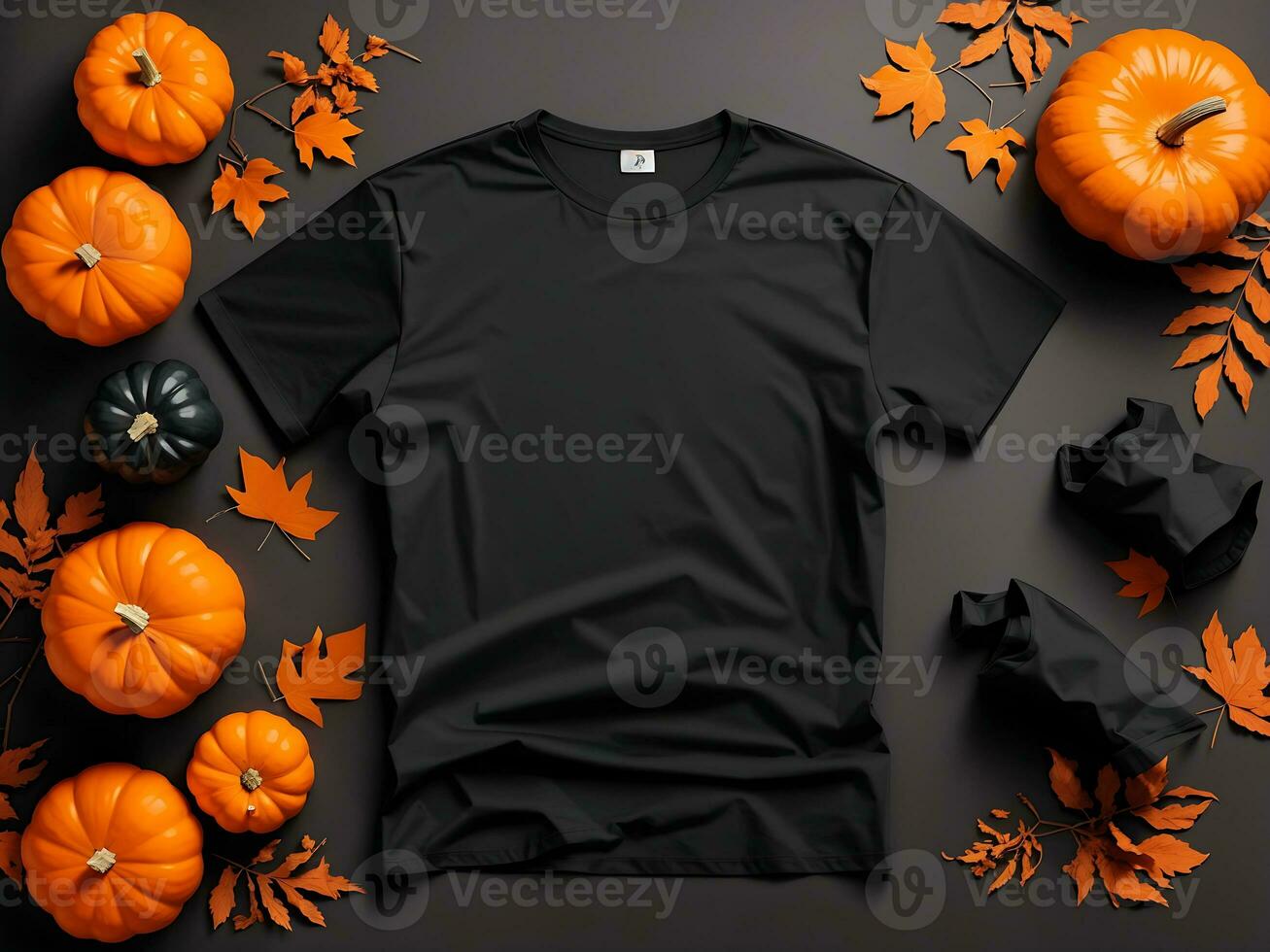 Black man and womens t-shirt halloween mockup with pumpkins and leaves on orange background. Design t shirt template, print presentation mock up. Top view flat lay, Generate Ai photo