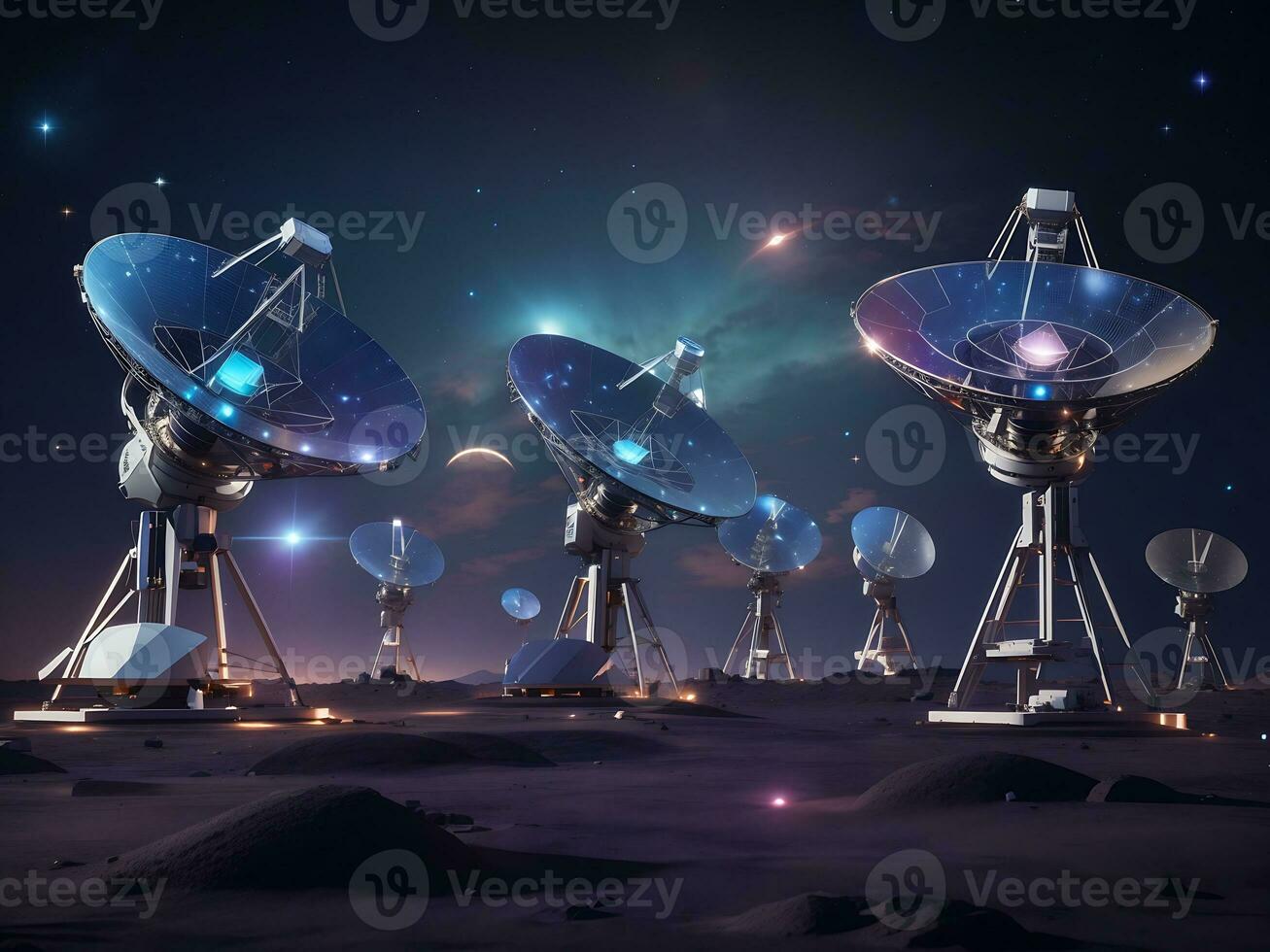 colección conjunto de radio telescopios a noche con estrellado noches liberando con holograma hud como amplio bandera para espacio investigación y descubrimiento y futurista comunicación conceptos, generar ai foto