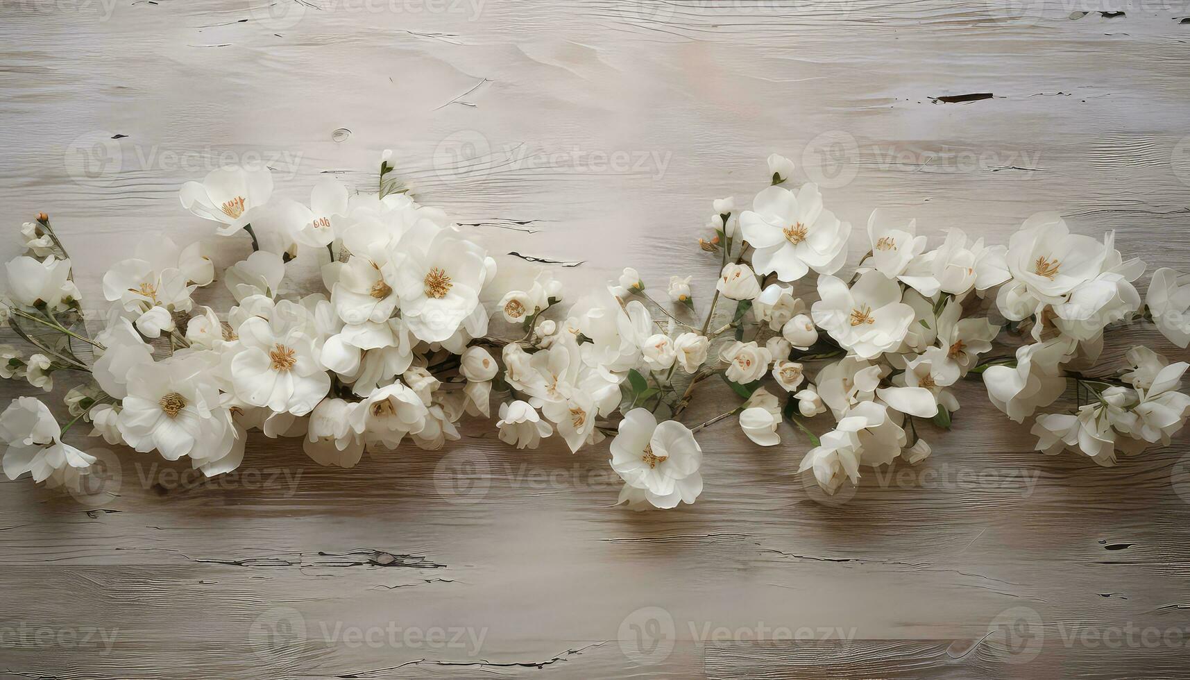 sandy white antique table with white flowers laying on it AI generated photo