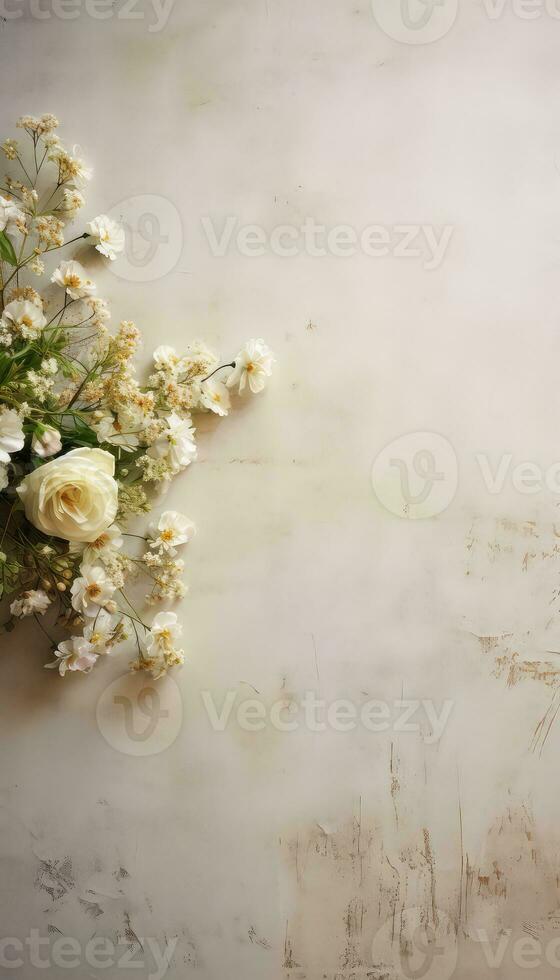 sandy white antique table with white flowers laying on it AI generated photo