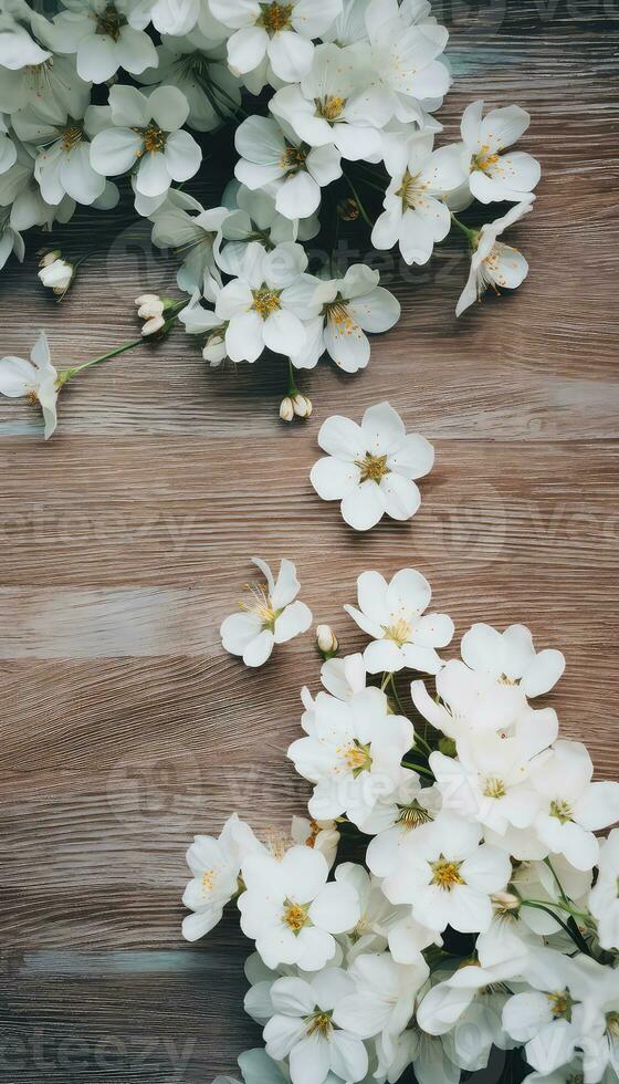sandy white antique table with white flowers laying on it AI generated photo