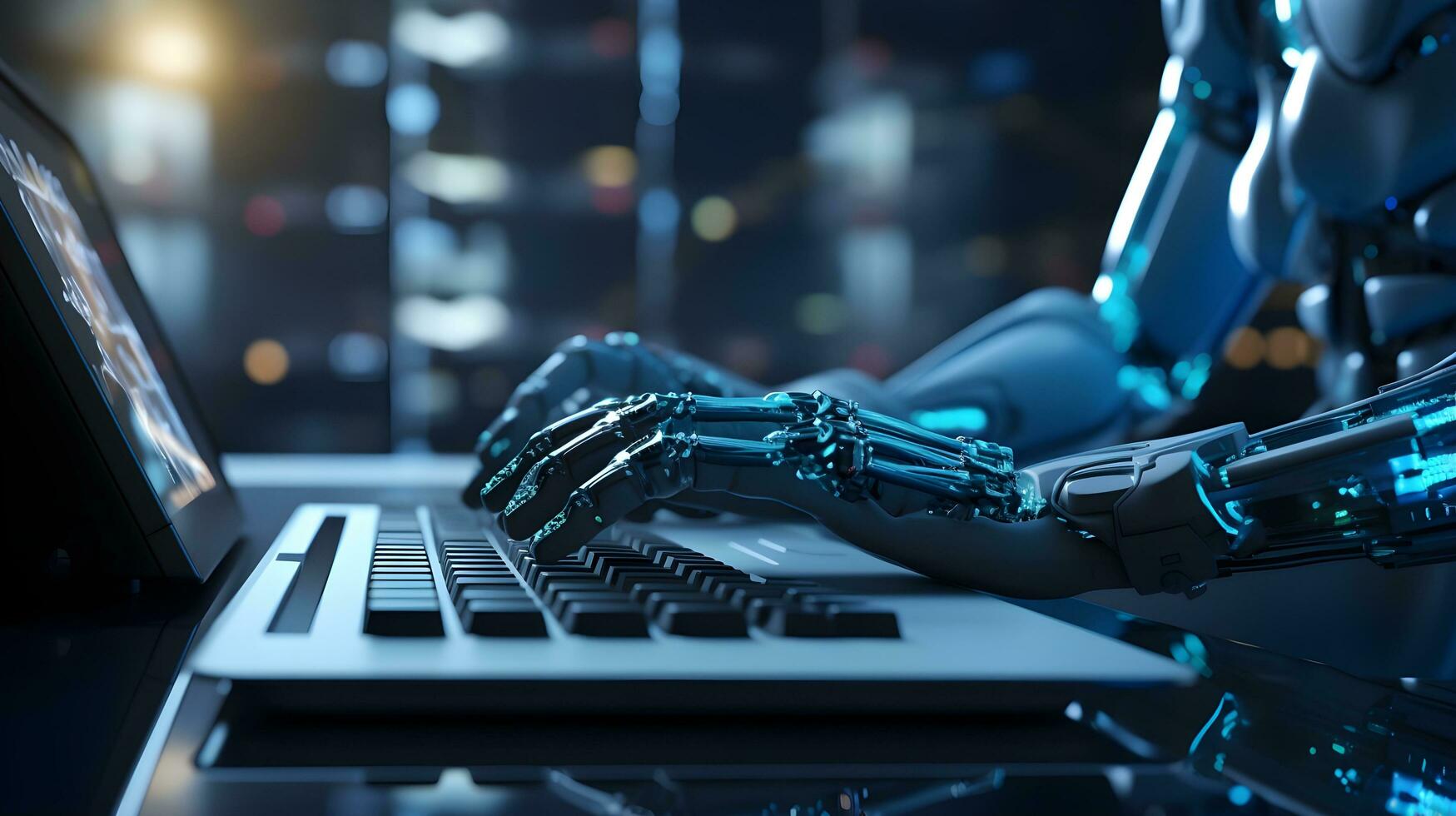 a robot hand is typing a laptop computer. generative ai photo
